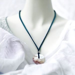 Boho Messenger Necklace Mother of Pearl Pendant Teal Suede Leather Cord 16"